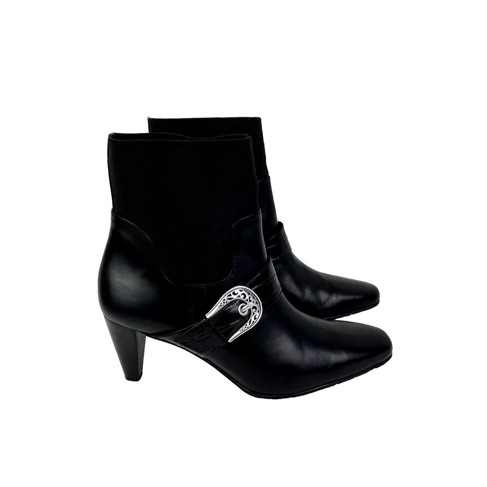 Brighton Rosita Ankle Booties Pointed Toe High Shaft Black Leather Buckle 8 flaw
